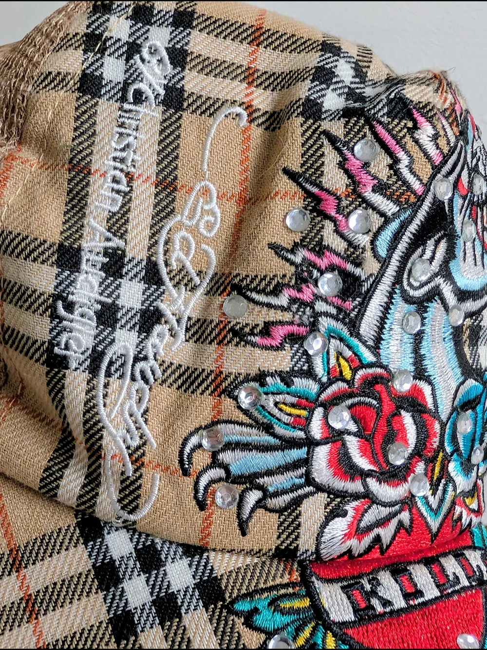 Ed Hardy Vintage Y2K Plaid Trucker Hat with Embroidered Skull and Roses
